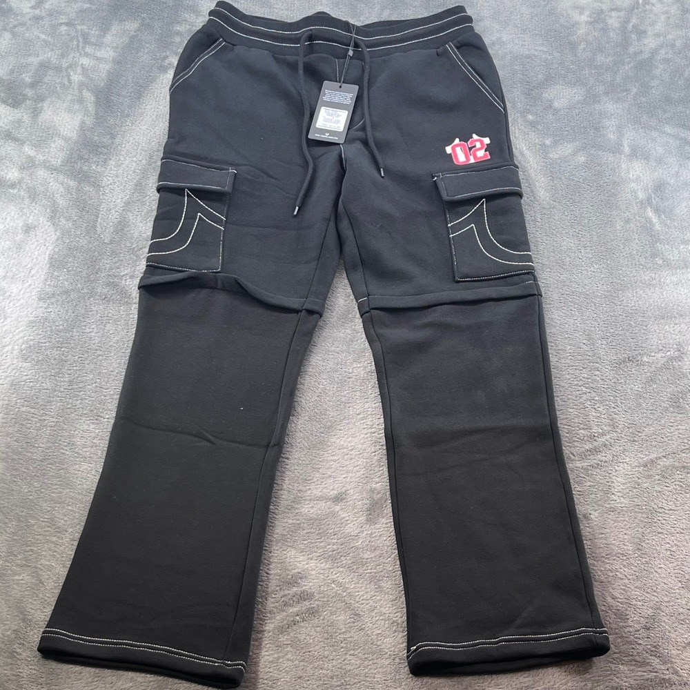 NWT True Religion Men Contrast MFG Cargo Sweatpant Jet Black White Stitch Size S